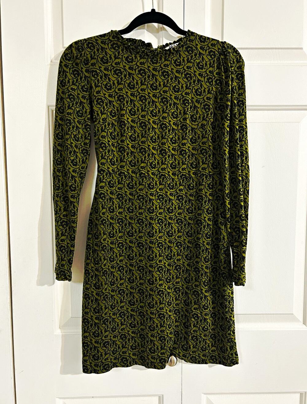 Boden Green/Black Floral Knit Shift Dress Long Sleeve Round Neck Ruffle 2